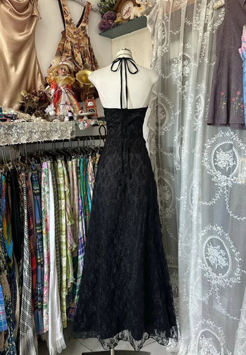 Vintage Mermaid Halter Sleeveless Long Black Lace Evening Dress Prom Dresses HZ1023